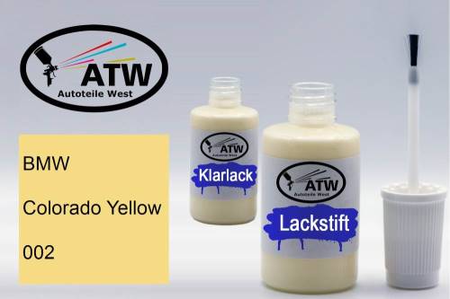 BMW, Colorado Yellow, 002: 20ml Lackstift + 20ml Klarlack - Set, von ATW Autoteile West.